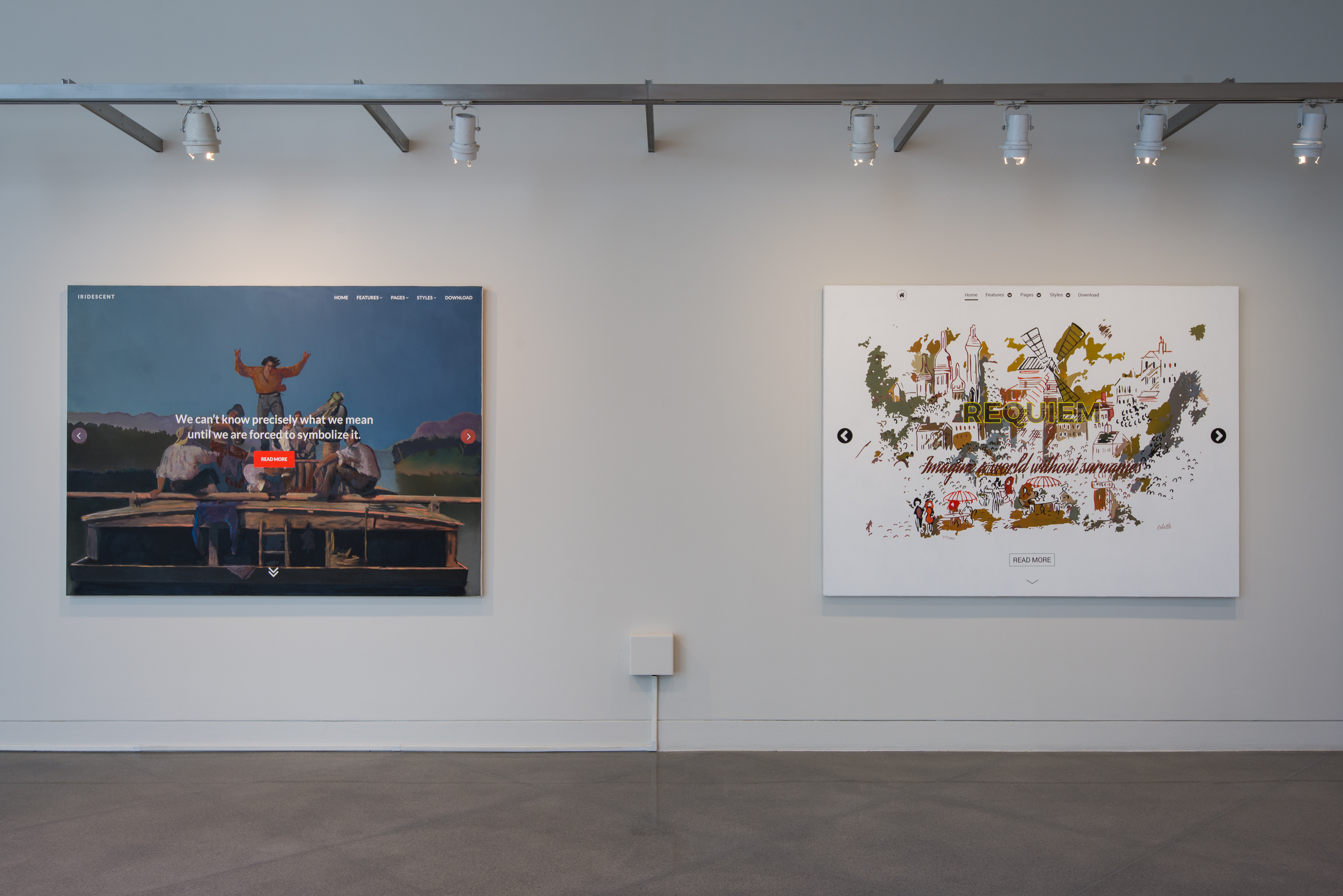 Office Space, installation view of Joel Holmberg, The Big Text Field in the Sky, 2015 and Requiem, 2015  
Courtesy the artist 
Commissioned by Yerba Buena Center for the Arts
Photo: Charlie Villyard

