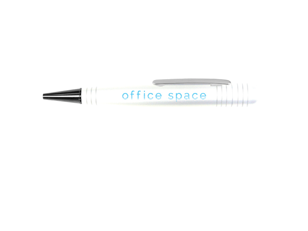 White pen with black tip and a text on the body “Office Space” (650x470)