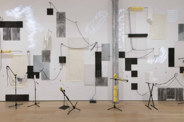 Art installation, a “performance” made of strings and mic stands (cropped)