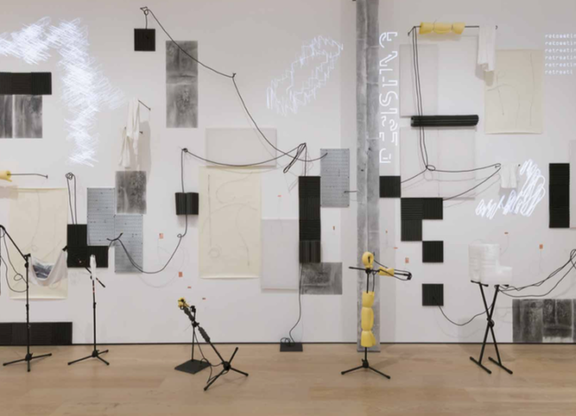 Art installation, a “performance” made of strings and mic stands (cropped)
